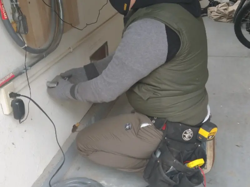 Electrician performing outlet wiring in a Desert Hills garage